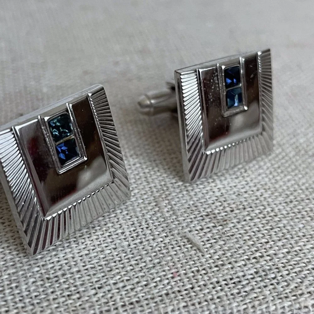 Vintage Shields Signed Silver Tone Blue Rhinestone Cuff Links